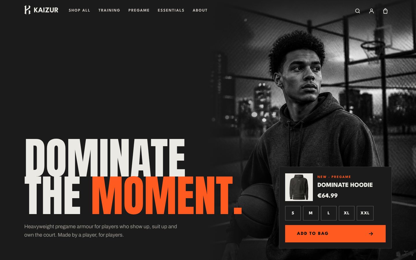 The Kaizur online store, redesigned: a player in a charcoal hoodie and a buy card
